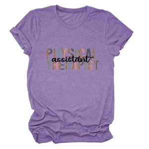 Detail of purple Physical Therapist Assistant T-shirt with leopard print graphic