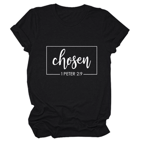 Detail of white chosen 1 PETER 2:9 scripture print on black cotton t-shirt