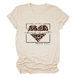 Close-up of leopard heart print with Free Spirit text on beige cotton blend T-shirt