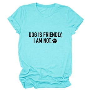 Flat lay of bright blue crew neck tee with 'DOG IS FRIENDLY' print and cuffed sleeves
