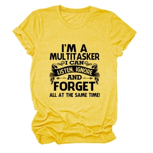 Detail of black slogan print on comfortable yellow cotton crewneck t-shirt for women