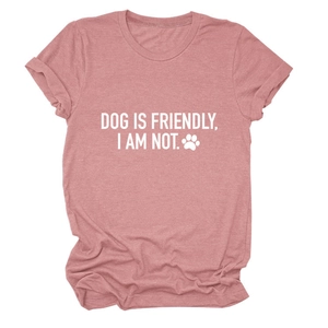 Detail of soft dusty rose t-shirt featuring Dog Is Friendly I Am Not print and dog paw icon