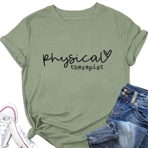 Detail of sage green cotton T-shirt featuring Physical Therapist text and heart print