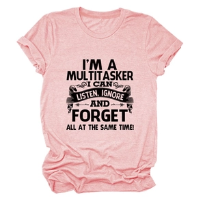 Detail of light pink heather t-shirt with black multitasker slogan print and round neck