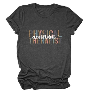 Close-up of Physical Assistant Therapist leopard print typography on dark grey t-shirt