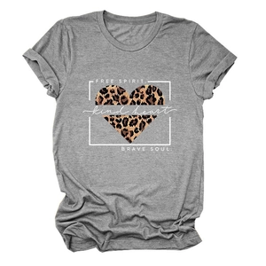 Detail of grey cotton T-shirt featuring a leopard print heart and kind heart typography