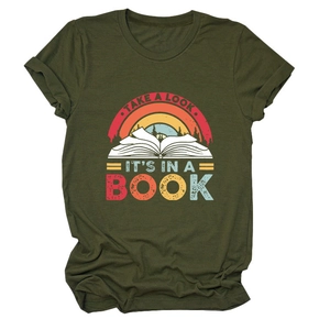 Dark olive green women's cotton t-shirt with retro rainbow book and forest print