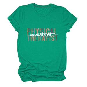 Close-up of Physical Therapist assistant slogan and leopard print pattern on green shirt