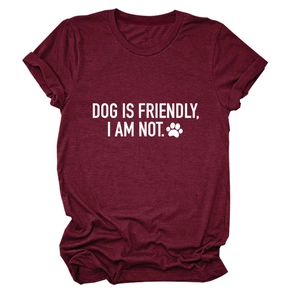 Detail of burgundy T-shirt with white 'DOG IS FRIENDLY, I AM NOT.' slogan and paw print