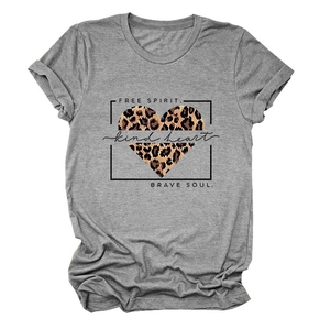 Detail of grey t-shirt featuring leopard heart print with Free Spirit brave soul text