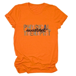 Close-up of leopard print text and fabric texture on this orange therapist T-shirt