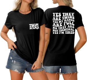 Vue avant et arrière du t-shirt Twin Mama noir en coton avec imprimé graphique