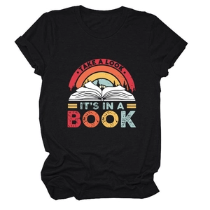 Detail of the vintage rainbow book print on a black cotton short sleeve T-shirt