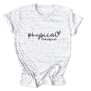 Close-up of Physical Therapist heart print on grey cotton short sleeve crew neck T-shirt