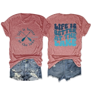 Women's lake life graphic t-shirt set with casual denim shorts front and back view