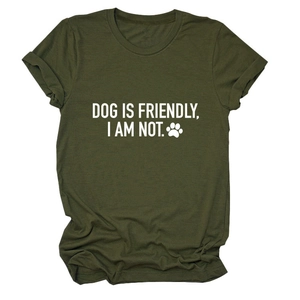 Olive green cotton T-shirt with white Dog Is Friendly slogan print in a casual fit
