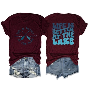 Front and back view of burgundy 'life is better at the lake' t-shirt and denim shorts