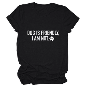 Detail of the crew neck and rolled sleeves on a cotton t-shirt with dog lover slogan