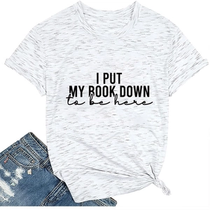 Detail showing the I Put My Book Down text on a heathered grey cotton crew neck T-shirt