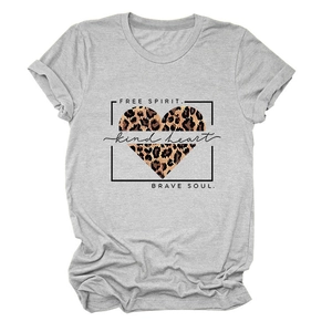 Detail of rolled sleeves and heart leopard print on grey round neck cotton T-shirt