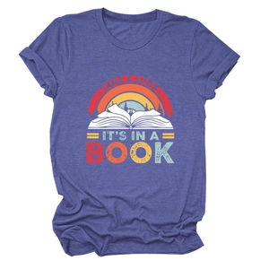 Detail of heathered purple T-shirt with vintage rainbow book graphic and text