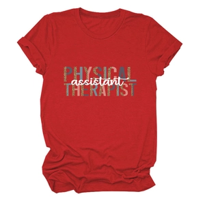 Close-up of Physical Assistant Therapist leopard print typography on red cotton t-shirt