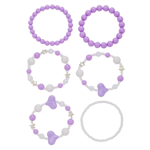 Sechser-Set lila und weiße Perlenarmbänder mit silbernen Sternen und Herzanhängern