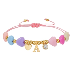 Handmade colorful beaded heart bracelet with gold A letter pendant and pink cord