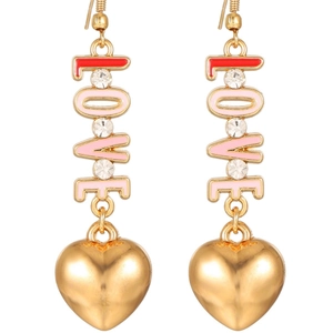 Eco-friendly alloy XOXO LOVE heart drop earrings with pink red glaze and crystals