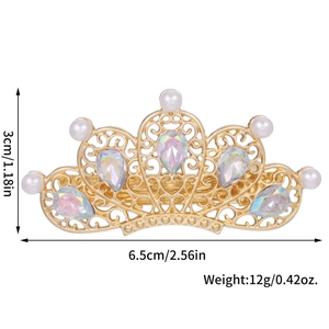 Golden alloy crown hair clip with colorful teardrop stones and white pearls size 6.5cm