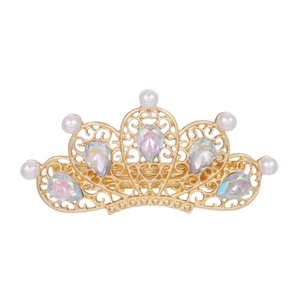 Elegant golden alloy crown hair clip with iridescent rhinestones and white pearls