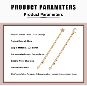 Detail view of zircon moon and star tassel earrings with 925 silver needles and gold plating