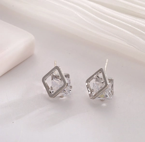 Geometric Square Stud Earrings Cubic Zirconia Copper Jewelry With 925 Sterling Silver Earring Post For Women Minimalist