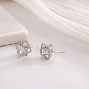 Elegant 925 sterling silver square zircon stud earrings with minimalist geometric design