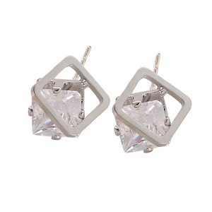 Square geometric 925 silver stud earrings with sparkling cubic zirconia stone inlay