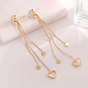 Elegante goldene lange Herz-Ohrringe mit Quasten, Zirkonia und hohlen Anhängern