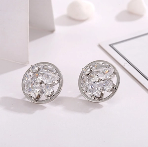 Round Geometric Cluster Stud Earrings With 925 Sterling Silver Earring Post Clear Zircon Inlay Copper Base For Women