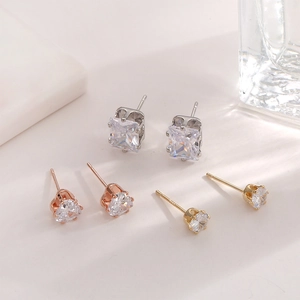 Three-pair set of S925 silver stud earrings with square, heart, and round cubic zirconia