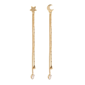 Elegant asymmetrical star and moon long tassel drop earrings in polished gold plating