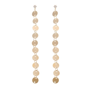 Elegant gold-tone long tassel earrings featuring rhinestones and circular sequins