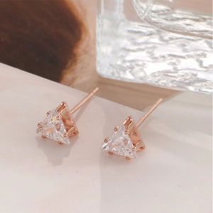 Triangle rose gold stud earrings with sparkling white cubic zirconia in three-prong setting