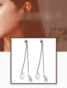 Close-up of elegant S925 silver long tassel earrings with water-drop cubic zirconia
