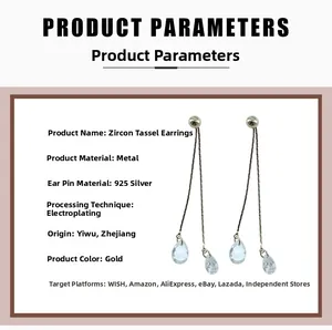 Detail of gold chain tassel earrings with zircon drops and S925 silver needle studs