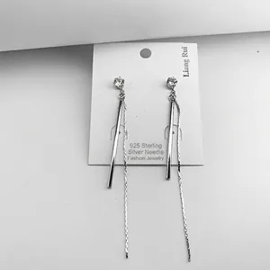 Minimalist long tassel drop earrings with 925 silver needle and shimmering zircon stones