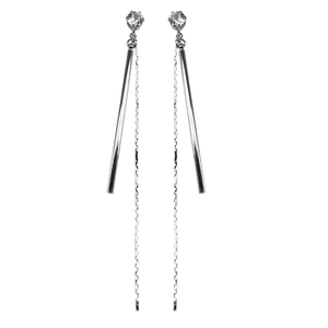Minimalist silver tassel earrings featuring sparkling round zircons and long metal chains