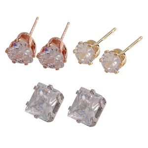 Three-pair 925 sterling silver stud earring set with heart, round, and emerald cut zircon