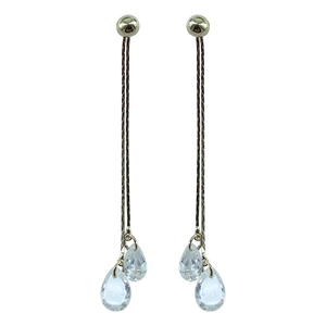 Long silver chain earrings with double crystal water drop pendants on white background