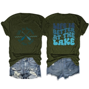 Front and back view of olive green lake life t-shirt with graphic paddles and text