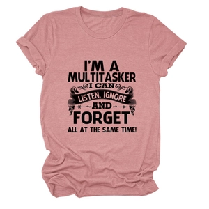 Detail of mauve pink cotton T-shirt showing crew neck and black multitasker text print