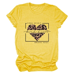 Close-up of the heart leopard print and slogans on this mustard yellow cotton T-shirt
